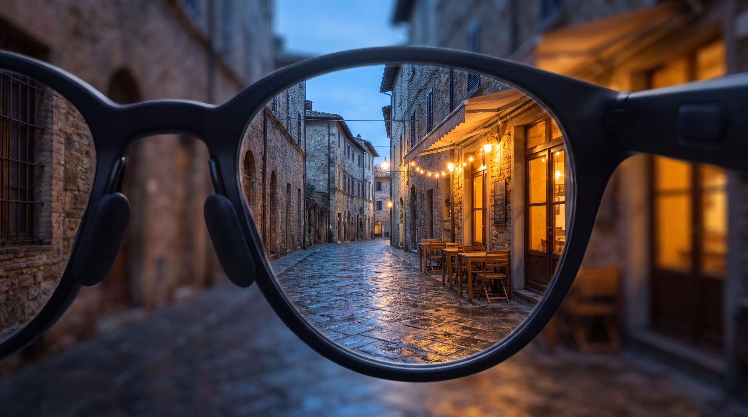 A quiet street at dusk, seen through the lens of the glasses.